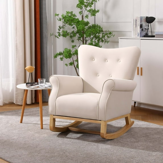 Velvet Rocking Chair, Modern Upholstered Accent Chair with Wood Legs, High Back Rocking Chair Nursery Chair, Comfortable Rocker Fabric Padded Seat Chair for Living Room Bedroom Home Office, Beige