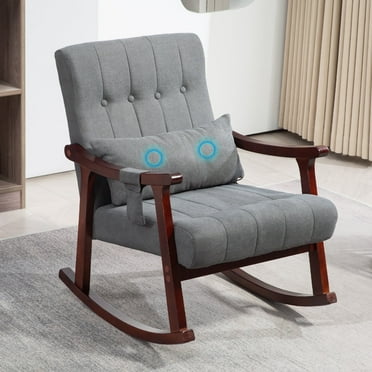 Rocking Chair with Massage Lumbar Support,Upholstered Glider Chair with Side Pocket, Nursery Rocker with High Backrest,Rubber Wood Legs, Rocking Accent Armchair for Living Room Bedroom Nursery