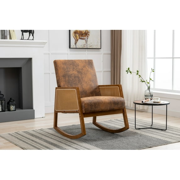 Upholstered Rocking Chair, Modern Rocker with Fabric Padded Seat and Wood Frame, Comfortable Rocker Armchair with High Back for Living Room, Nursery, Bedroom, Lounge, Office, Coffee