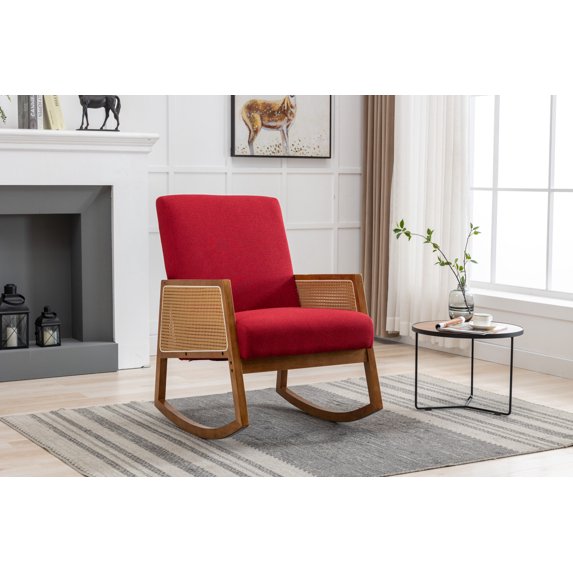 Upholstered Rocking Chair, Modern Rocker with Fabric Padded Seat and Wood Frame, Comfortable Rocker Armchair with High Back for Living Room, Nursery, Bedroom, Lounge, Office, Red
