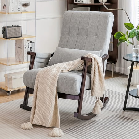 Upholstered Rocking Chair, Nursery Rocking Chair Indoor for Living Room, Modern Glider Rocker w/Pillow&Side Pocket, High Back Padded Seat Side Armchair for Old Man(Grey)