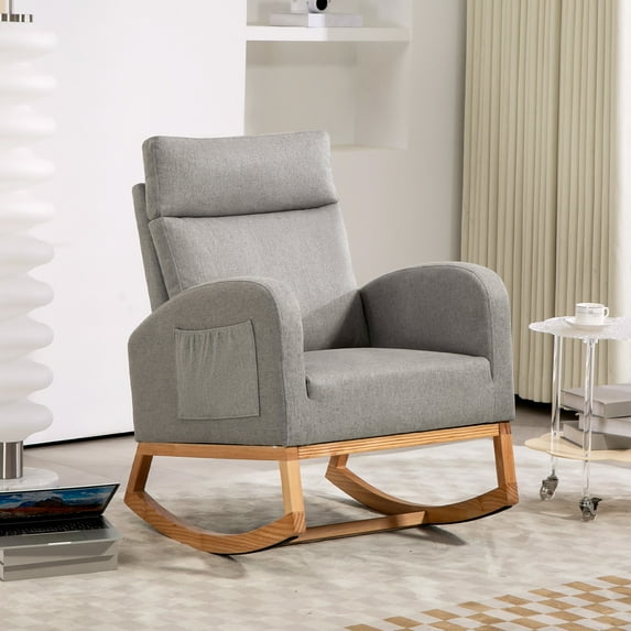 Upholstered Rocking Chair - Nursery Glider Chair with Rubber Wood Legs Rocking Accent Chair with Side Pocket Comfy High Backrest Wooden Rocking Chair for Living Room Bedroom