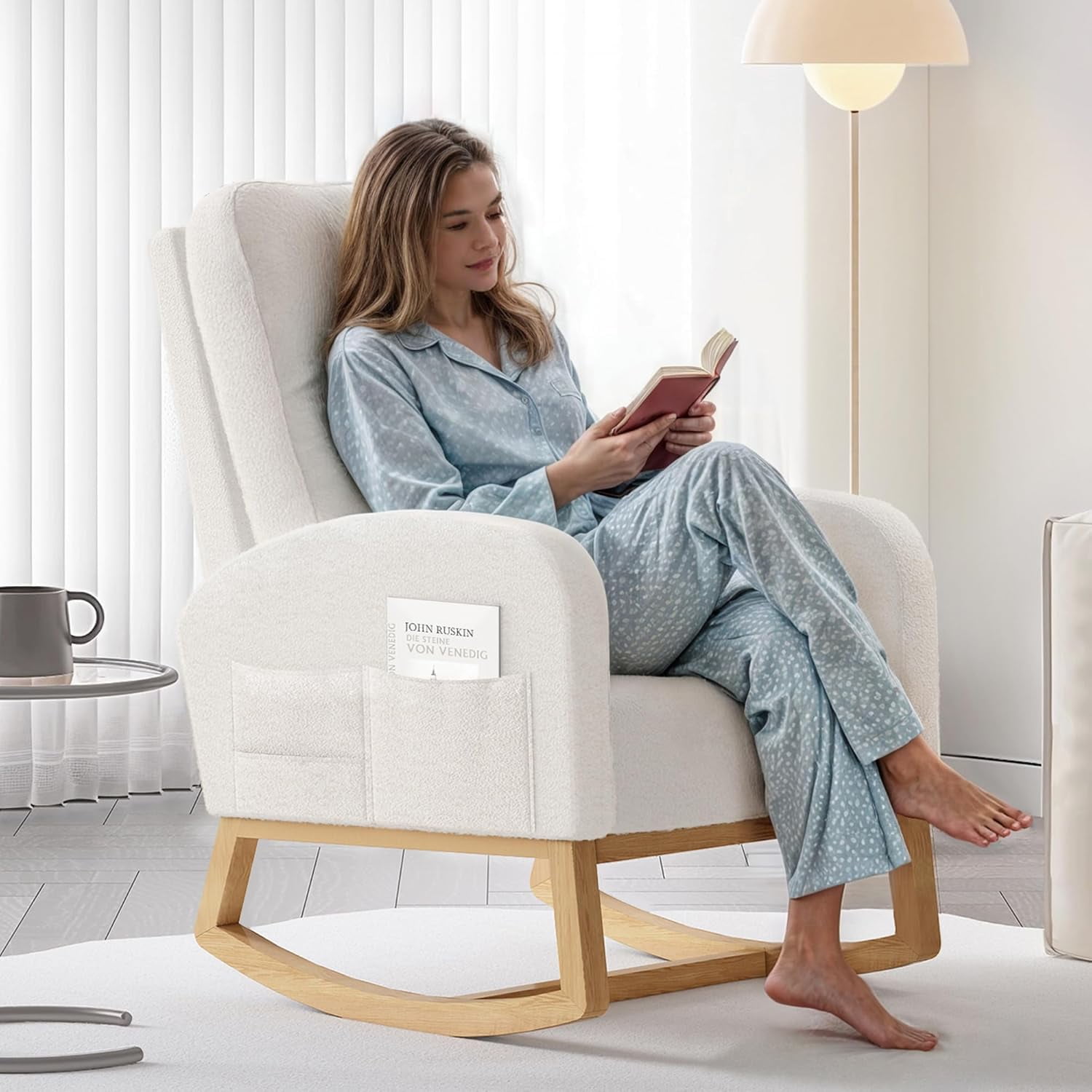 Upholstered Rocking Chair With Rubber Wood Legs And Side Pockets-Beige