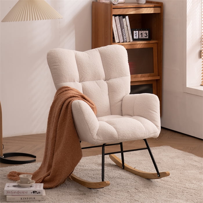Ivory Boucle Upholstered Rocking Chair with Wood and Iron Frame