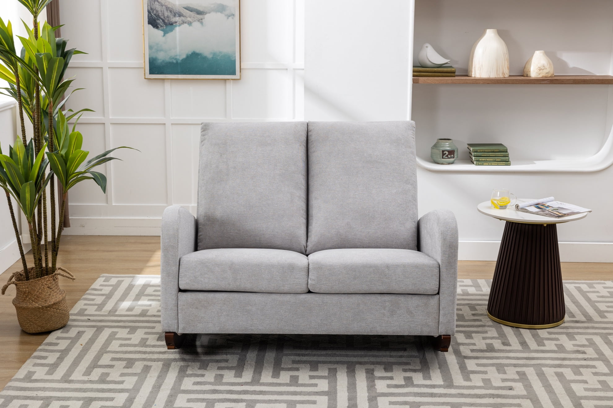 Upholstered Rocking Chair with Oversized Wing Back, Linen Armchair with