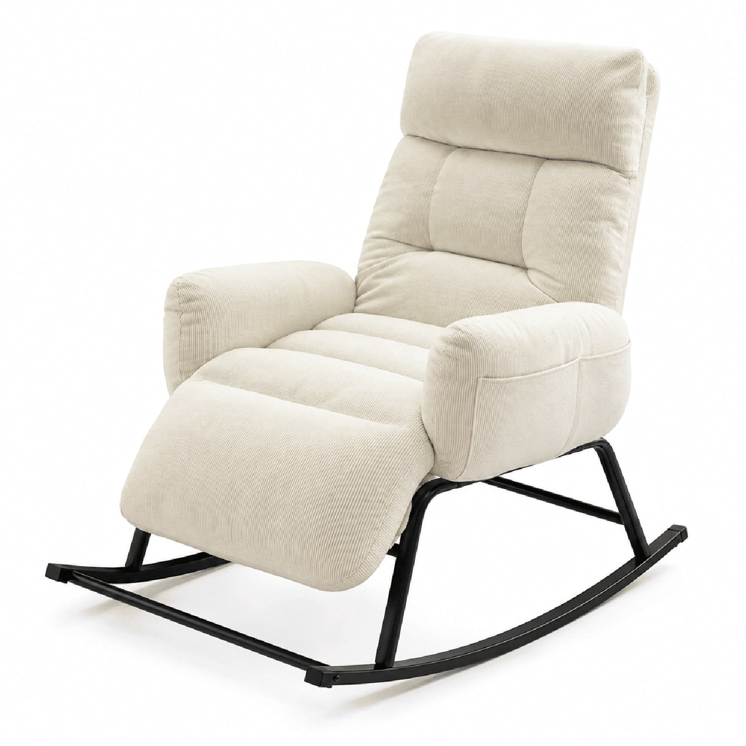 Upholstered Rocking Chair with Retractable Footrest, Plush Lounge Chair with Side Pocket, Tufted Cushion Seat for Living Room, Bedroom, Study and Patio