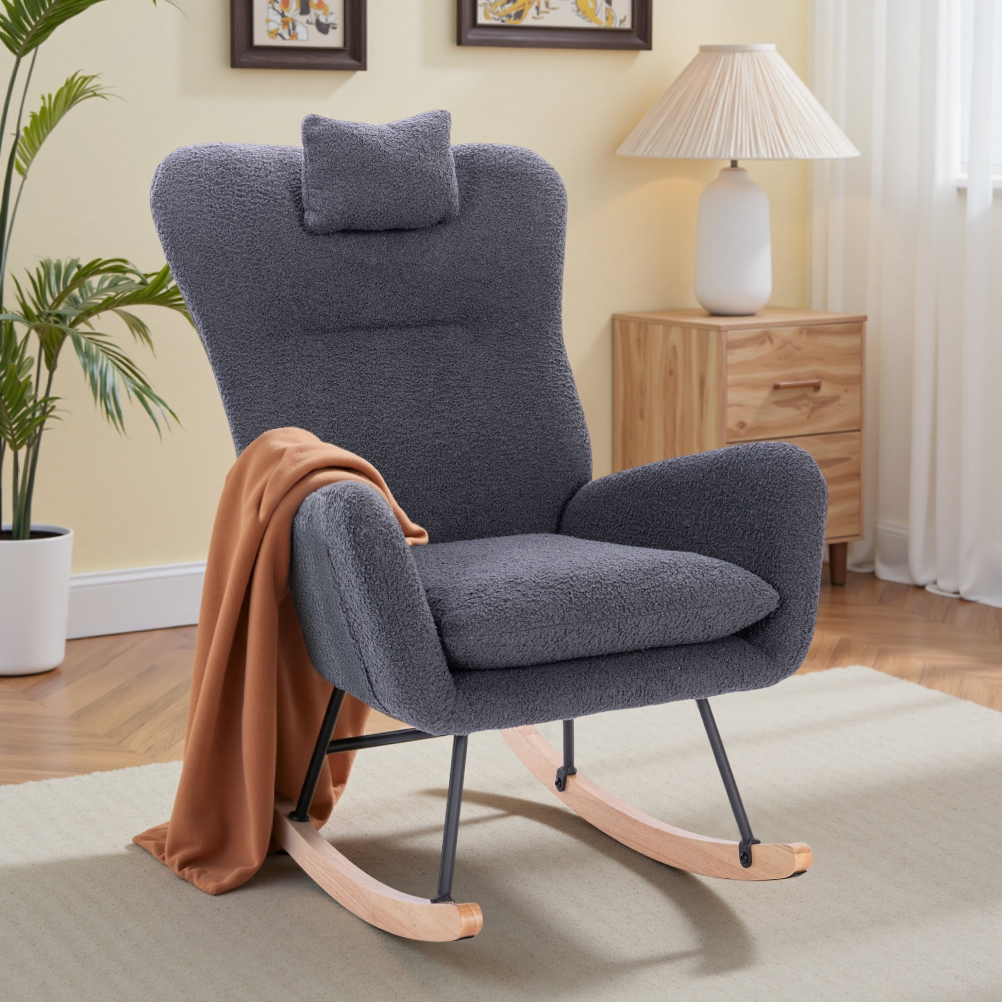 Upholstered Rocking Chair, Teddy Fabric Glider Rocker with High Backrest,Modern Rocking Accent Chair for Living Room, Nursery, Bedroom, Dark Gray