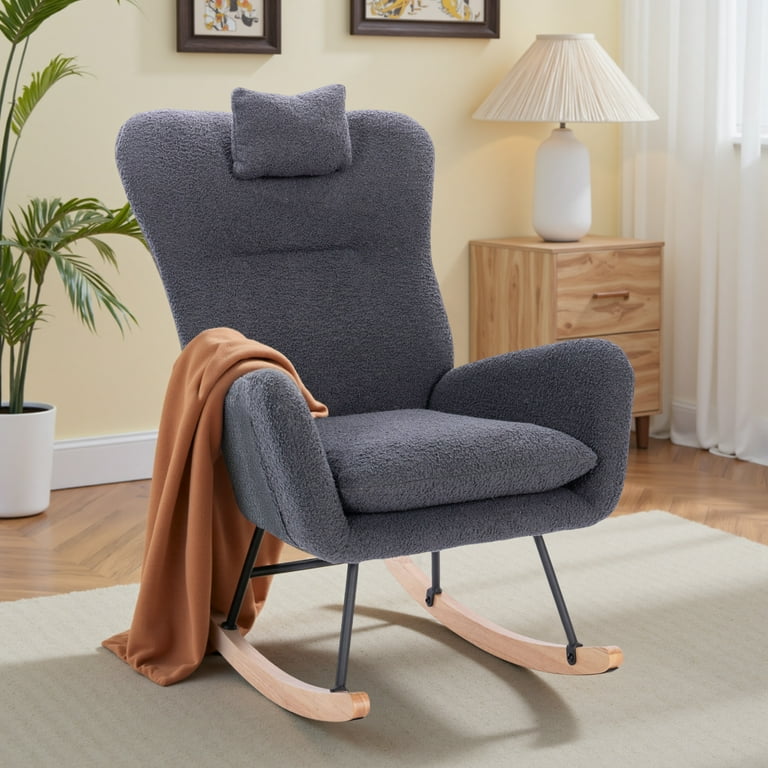 Upholstered Rocking Chair, Teddy Fabric Glider Rocker with High