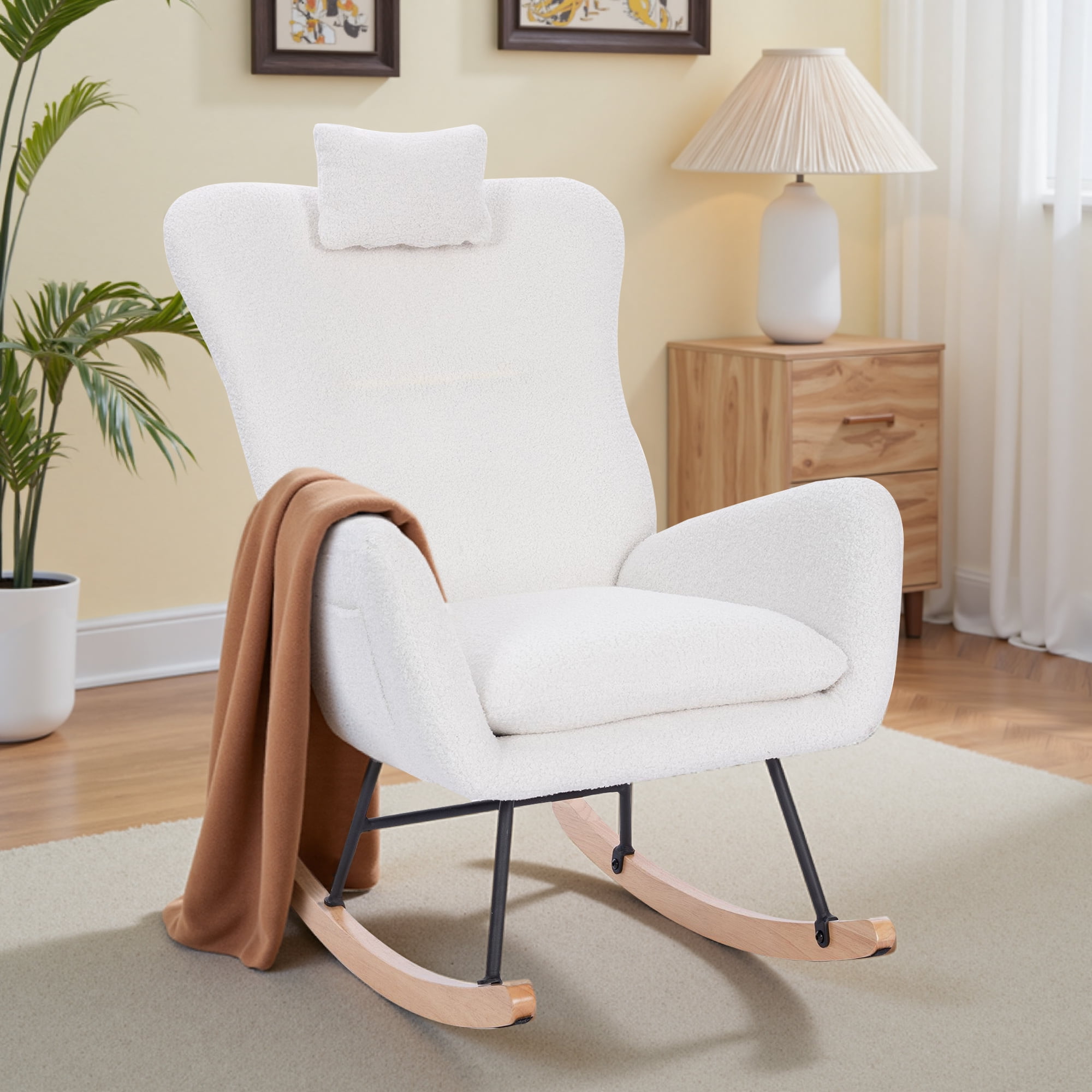Upholstered Rocking Chair, Teddy Fabric Glider Rocker with High Backrest,Modern Rocking Accent Chair for Living Room, Nursery, Bedroom, White