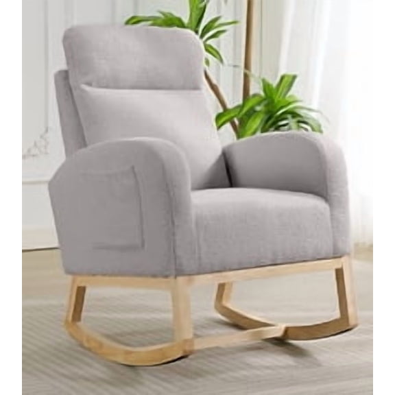 Upholstered Rocking Glider Chair, High Back Wingback Accent Armchair with Side Pockets & Solid Rubber Wood Legs, Nursery Nursing Rocker Chair