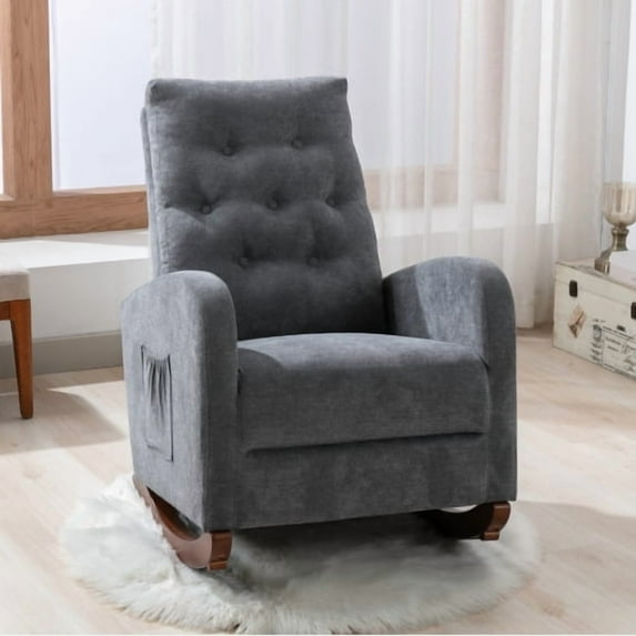 Upholstered Rocking Sofa Chair with High Tufted Back and Arm, Accent Cushion Glider Chair with Pocket, Lazy Sofa Chair with Wood Base for Balcony Nursery Bedroom, Antique Gray