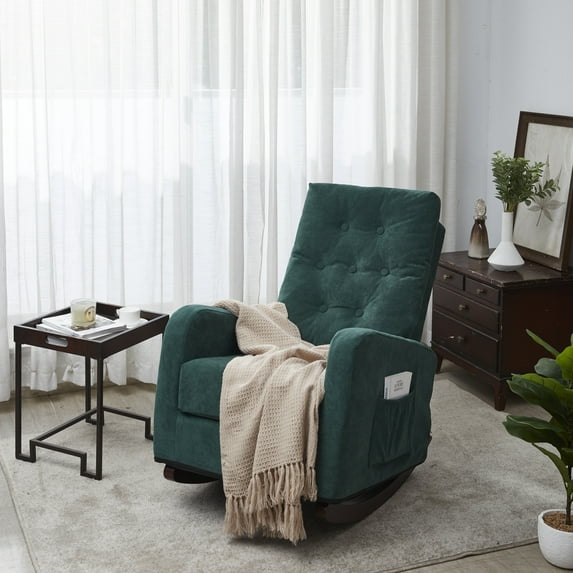 Upholstered Rocking Sofa Chair with High Tufted Back and Arm, Accent Cushion Glider Chair with Pocket, Lazy Sofa Chair with Wood Base for Balcony Nursery Bedroom, Antique Green