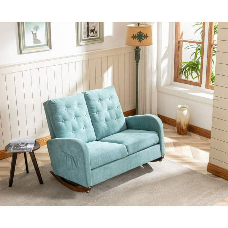 Upholstered Rocking Sofa High Back Rocking Sofa with Side Pocket Storage and Solid Wood Base Modern Design Rocking Sofa for Living Room or Bedroom