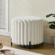 Upholstered Round Ottoman in Soft Faux Fur Finish with Black Metal Legs Perfect for Living Room Bedroom