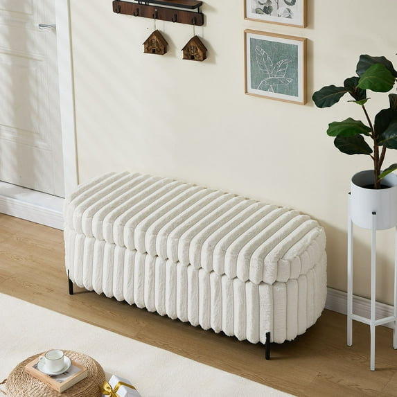 Upholstered Round Ottoman in Soft Faux Fur Finish with Black Metal Legs Perfect for Living Room Bedroom