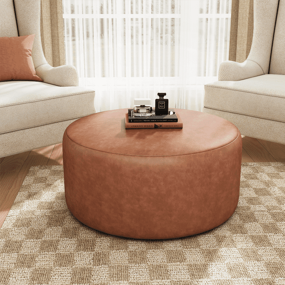 Upholstered Round Ottoman with PU Leather and Cognac Brown Color | Walmart Furniture