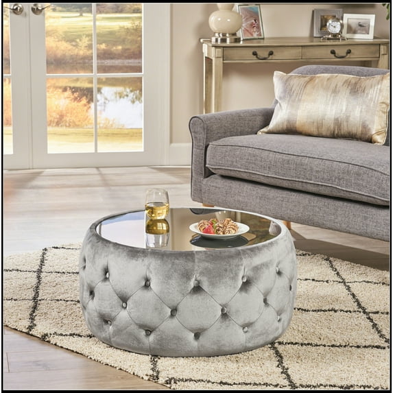 Upholstered Round Tufted Ottoman With Glass Top