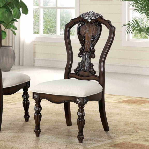 Upholstered Seat 4pc Side Chair Ornate Corbels Silver Crown Molding Dark Brown Finish Dining Room