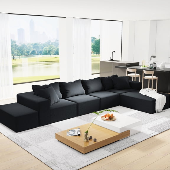 Upholstered Sectional Couch - 132" L Shaped, Chenille Foam Filled, 6 Pillows, Living Room, Bedroom Soft Touch Shaped With Pillows Fabric, Filling, Furniture