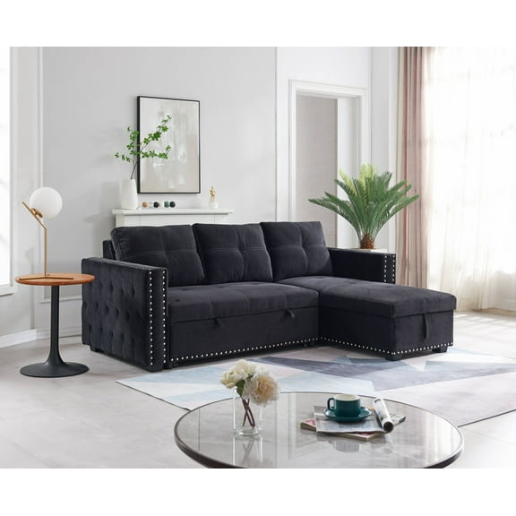 Upholstered Sectional Sleeper Sofa, SEGMART 91.5'' Reversible Pull Out Sectional Storage Full-Size Bed with Wheels, Polyester L-Shaped Corner 3-Seat Couch with Storage Chaise, 220lbs, Black, SS829