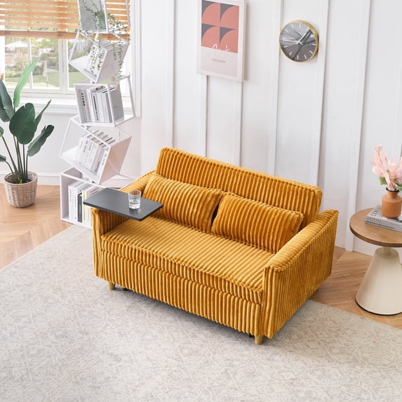 Upholstered Sectional Sofa, 3 in 1 Convertible Pull Out Sofa Bed Couch with a Movable Tabletop and Usb Ports, for Living Room, Apartment, Small Space, Yellow