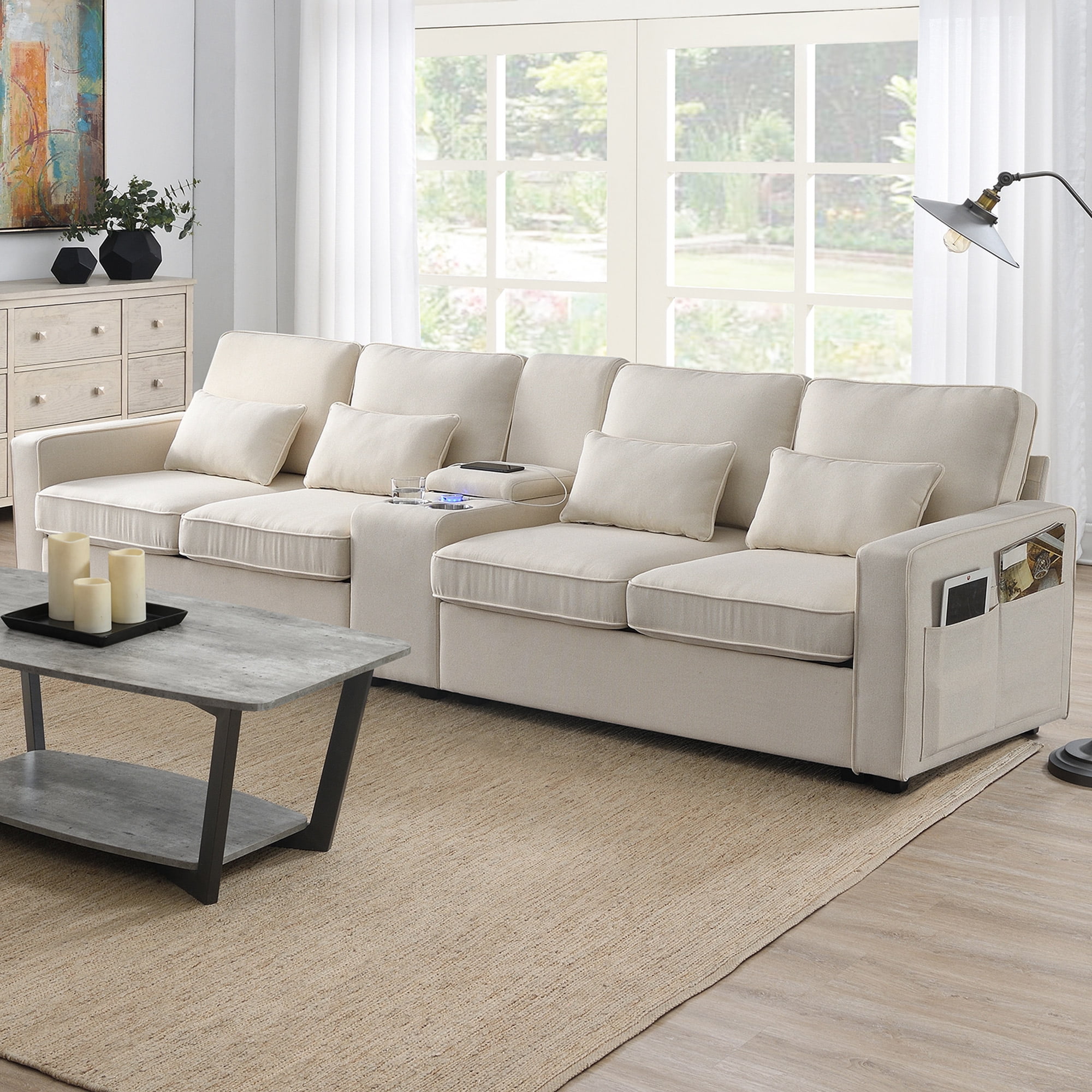 Upholstered Sectional Sofa with Console,114.2inch Modern 4 Seater Sofa Fabric Sofa with 4 Pillows and 2 Cup Holders and 2 USB Ports for Living Room, Apartment, Office,Beige