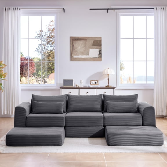 Upholstered Sectional Sofa Couch Set,Modular 100" L Shaped Floor Living Room Sofa Set With 5 Pillows,DIY Combination Sofa Couch for living rooms, apartments,bedrooms,Grey