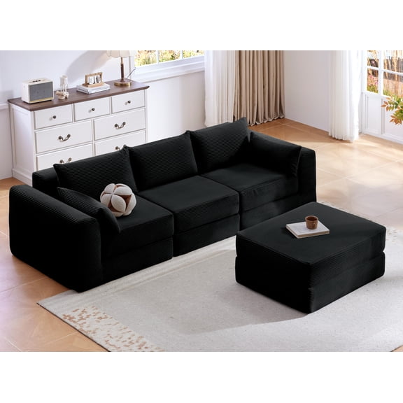Upholstered Sectional Sofa Couch Set,Modular 100" L Shaped Floor Living Room Sofa Set With 5 Pillows,DIY Combination Sofa Couch for living rooms, apartments,bedrooms,Black