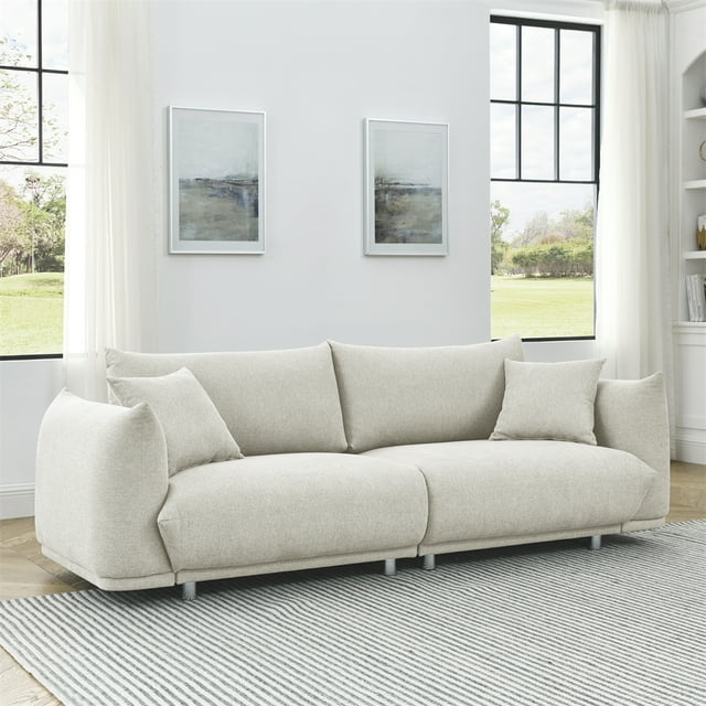 Upholstered Sectional Sofa with Curved Armrest, 3-Seater Couch with 2 Toss Pillows, Comfy Sofa for Living Room, 750 LBS Weight Capacity, Beige