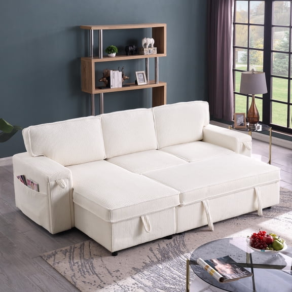 Upholstered Sectional With Sleeper And Storage: Beige Chenille, Wood Base Modern Upholstery : Beige, Storage Space