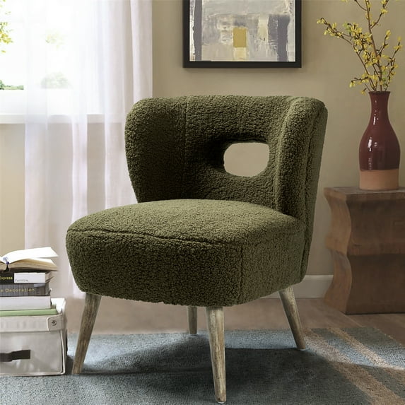 Upholstered Sherpa Barrel Accent Chair Cutout Back Armless Wooden Legs Home Bedroom Living Room Adult Seaweed