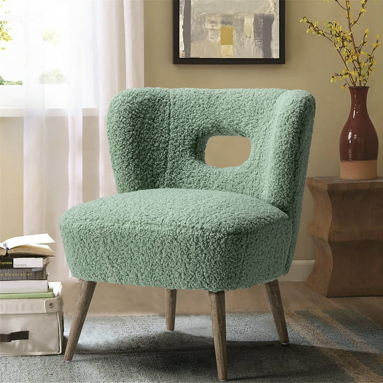 Upholstered Sherpa Barrel Accent Chair Cutout Back Armless Wooden Legs Home Bedroom Living Room Sage