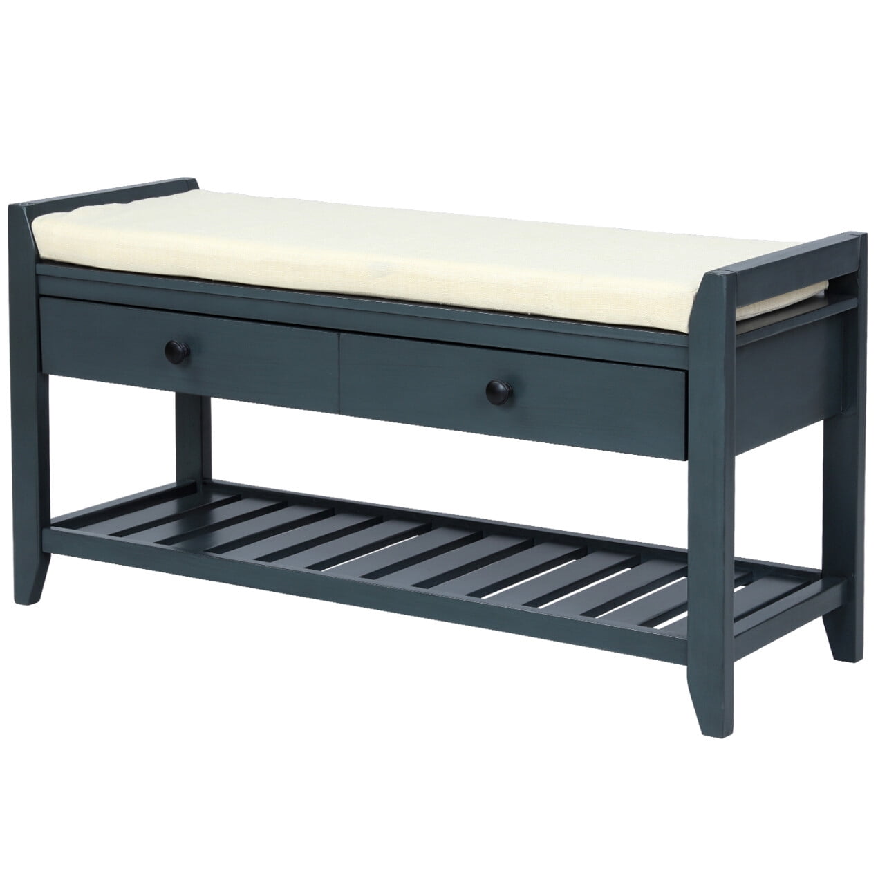 Upholstered Shoe Rack Bench with Cushioned Seat, Storage Drawers and ...
