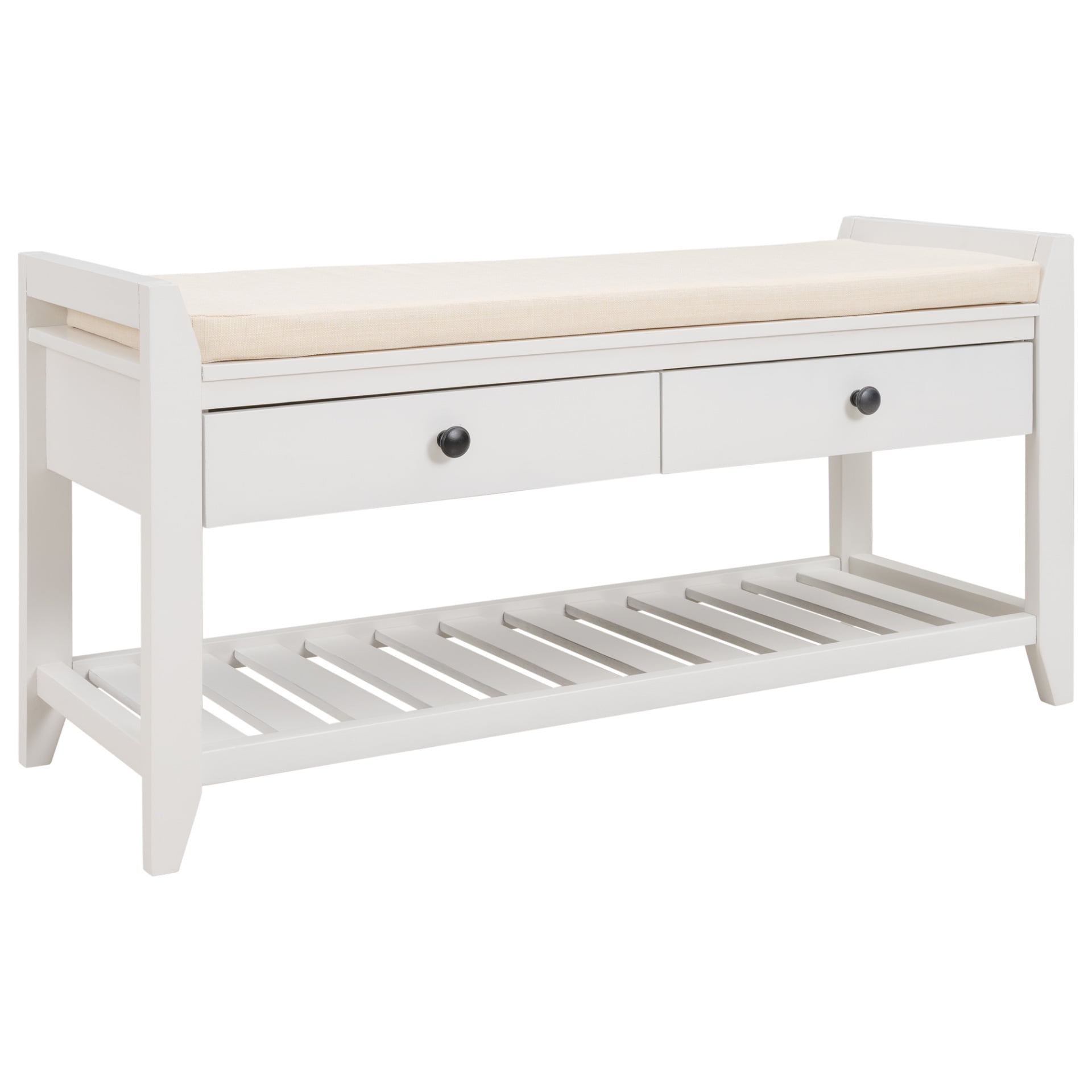 Upholstered Shoe Rack Bench with Cushioned Seat, Storage Drawers and Bottom Shelf, Wooden Entryway Shoe Bench with Legs, Narrow Rectangular Storage Bench for Entryway Laundry Room Bedroom, White