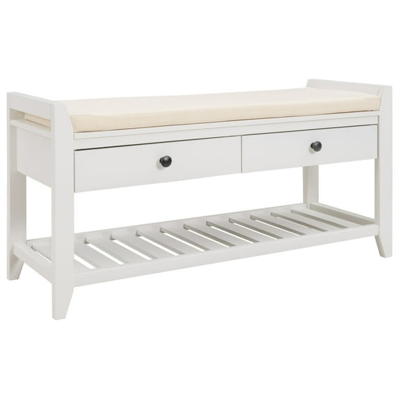 Upholstered Shoe Rack Bench with Cushioned Seat, Storage Drawers and Bottom Shelf, Wooden Entryway Shoe Bench with Legs, Narrow Rectangular Storage Bench for Entryway Laundry Room Bedroom, White