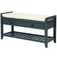 thumbnail image 1 of Upholstered Shoe Rack Bench with Cushioned Seat, Storage Drawers and Bottom Shelf, Wooden Entryway Shoe Bench with Legs, Narrow Rectangular Storage Bench for Entryway Laundry Room, Antique Navy, 1 of 9