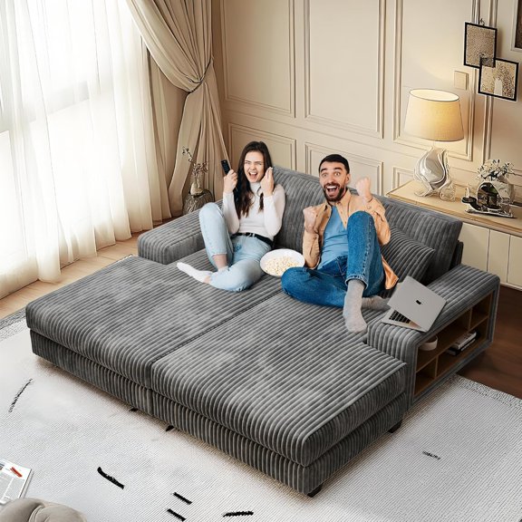 Upholstered Sleeper Sofa Bed with Side Cabinet, 79.5" Double Chaise Lounge Sofa, Oversized Reading Sleeper Chair with 2 Pillows, Modern Sectional Couches for Living Room (Grey,, corduroy,79.5")