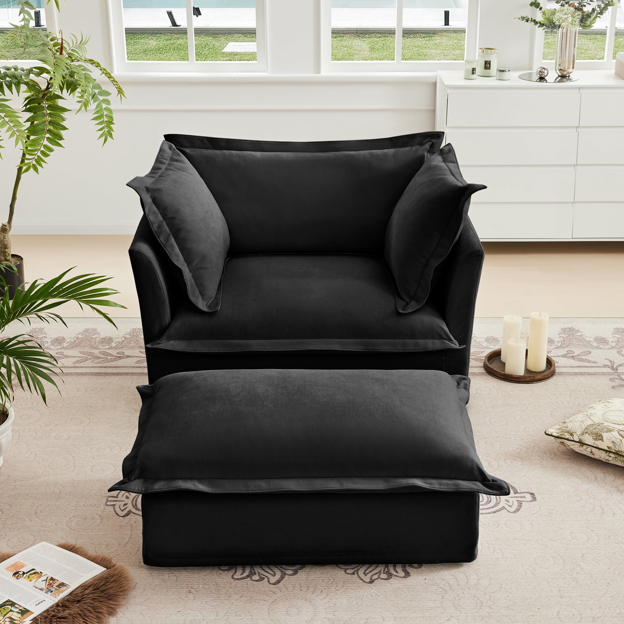 Upholstered Slipcovered Armchair with Ottoman, Deep Seat Armchair W
