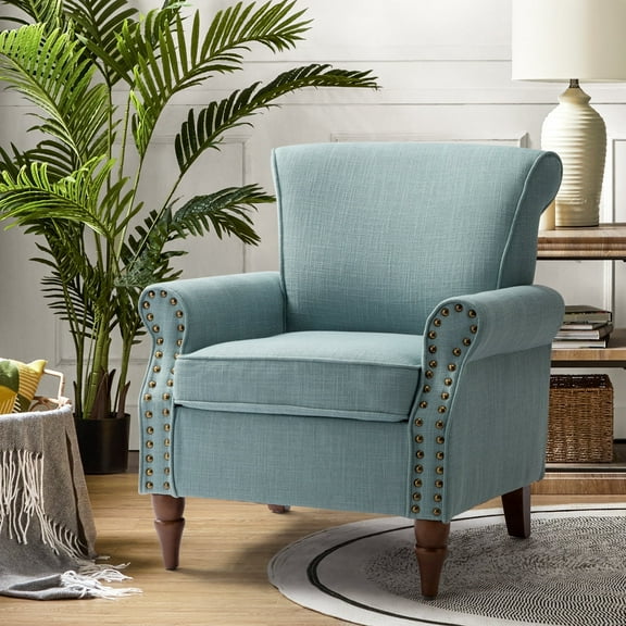 Upholstered Sofa Armchair Fabric Wingback Accent Chair Wood Legs Nailhead Trim Home Living Room Bedroom Blue