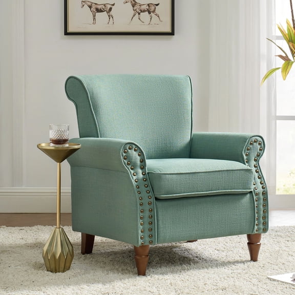 Upholstered Sofa Armchair Fabric Wingback Accent Chair Wood Legs Nailhead Trim Home Living Room Bedroom Sage