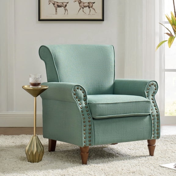 Tina's Home Upholstered Fabric Accent Chair, Wingback Armchair Sofa with Wood Legs and Nailhead Trim for Home Living Room Bedroom Sage