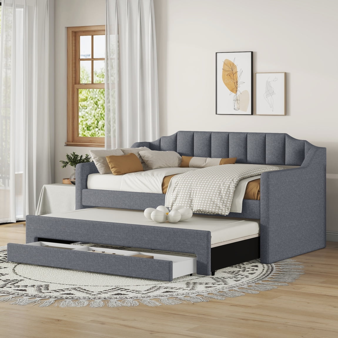 Upholstered Sofa Bed with Ergonomic Backrest, Twin Size Daybed with ...