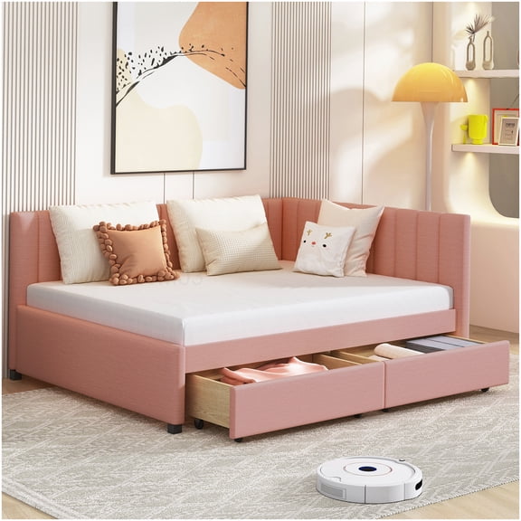 Upholstered Sofa Bed Frame with Storage Drawers, Full Size Daybed for Guest Room