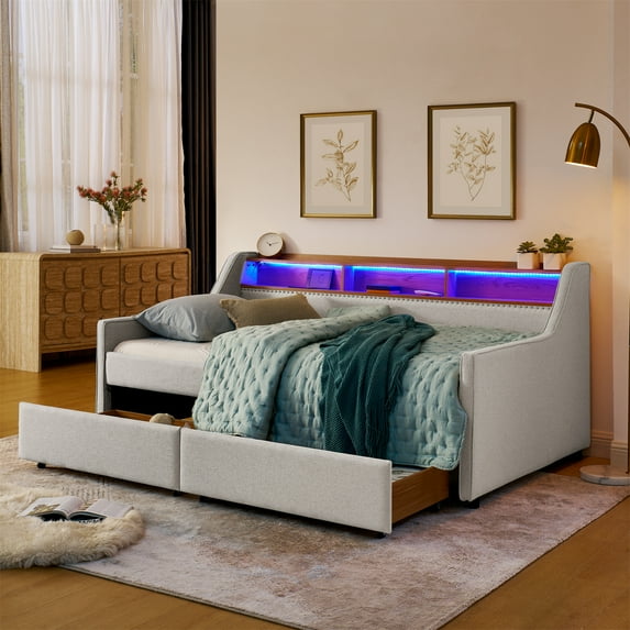 Upholstered Sofa Bed with Three LED Lights, Storage Adjustable Headboard, Twin Size Daybed with 2 Pull Up Drawers and Wireless Charging, Linen Padded Sofa Bed Frame for Living Room