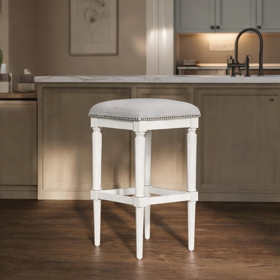 Upholstered Square Bar Stool, Soft White Polyester, Wood Frame, Counter Height, 31 in