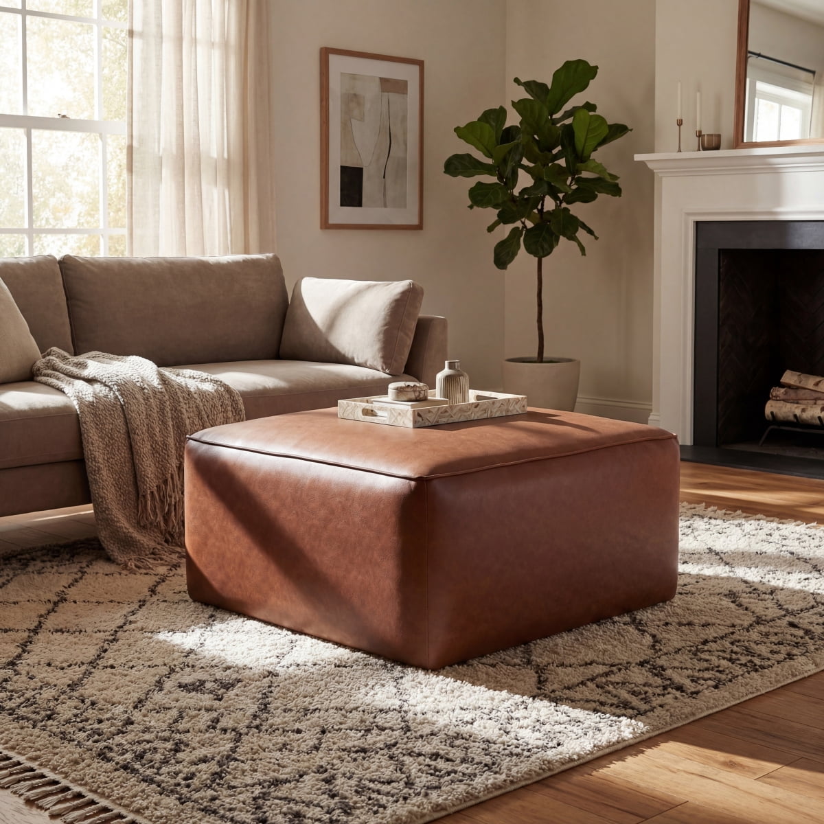 Upholstered Square PU Leather Ottoman, Brown