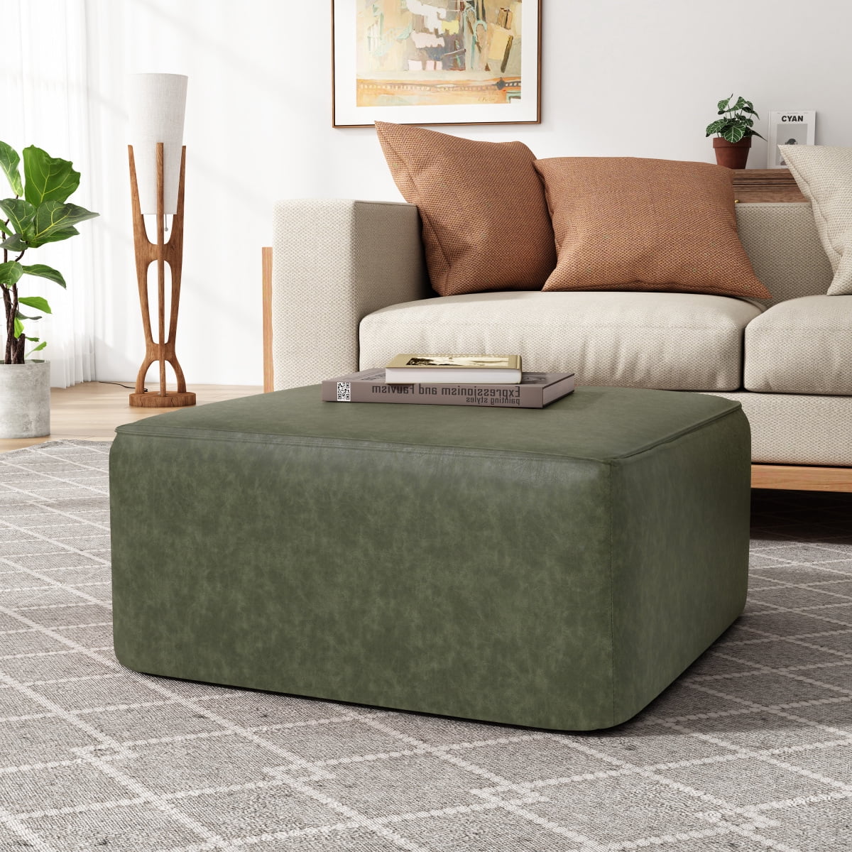 Upholstered Square PU Leather Ottoman, Green