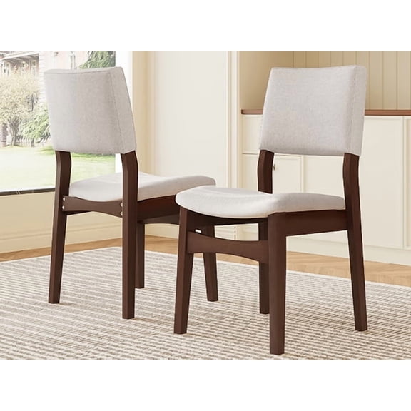 Upholstered Stackable Dining Chairs Set of 2 - Linen Fabric Seat & Backrest, Solid Wood Frame, Rustic Kitchen Chairs for Dining Room, Living Room, Dark Walnut