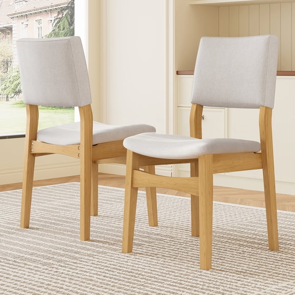Upholstered Stackable Dining Chairs Set of 2, Linen Fabric Seat & Backrest, Solid Wood Frame, Rustic Kitchen Chairs for Dining Room, Living Room - Natural
