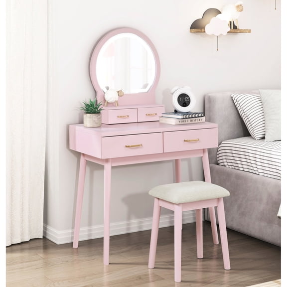 Upholstered Stool & Pink Design | Storage Drawers | Bedroom Vanity for Personal Care